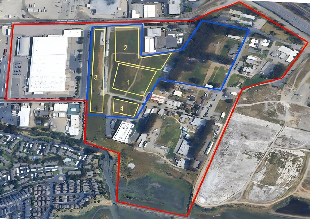 Map of drone flying fields at RFS with FRIA boundary in blue and flight zones 1 through 4 in yellow